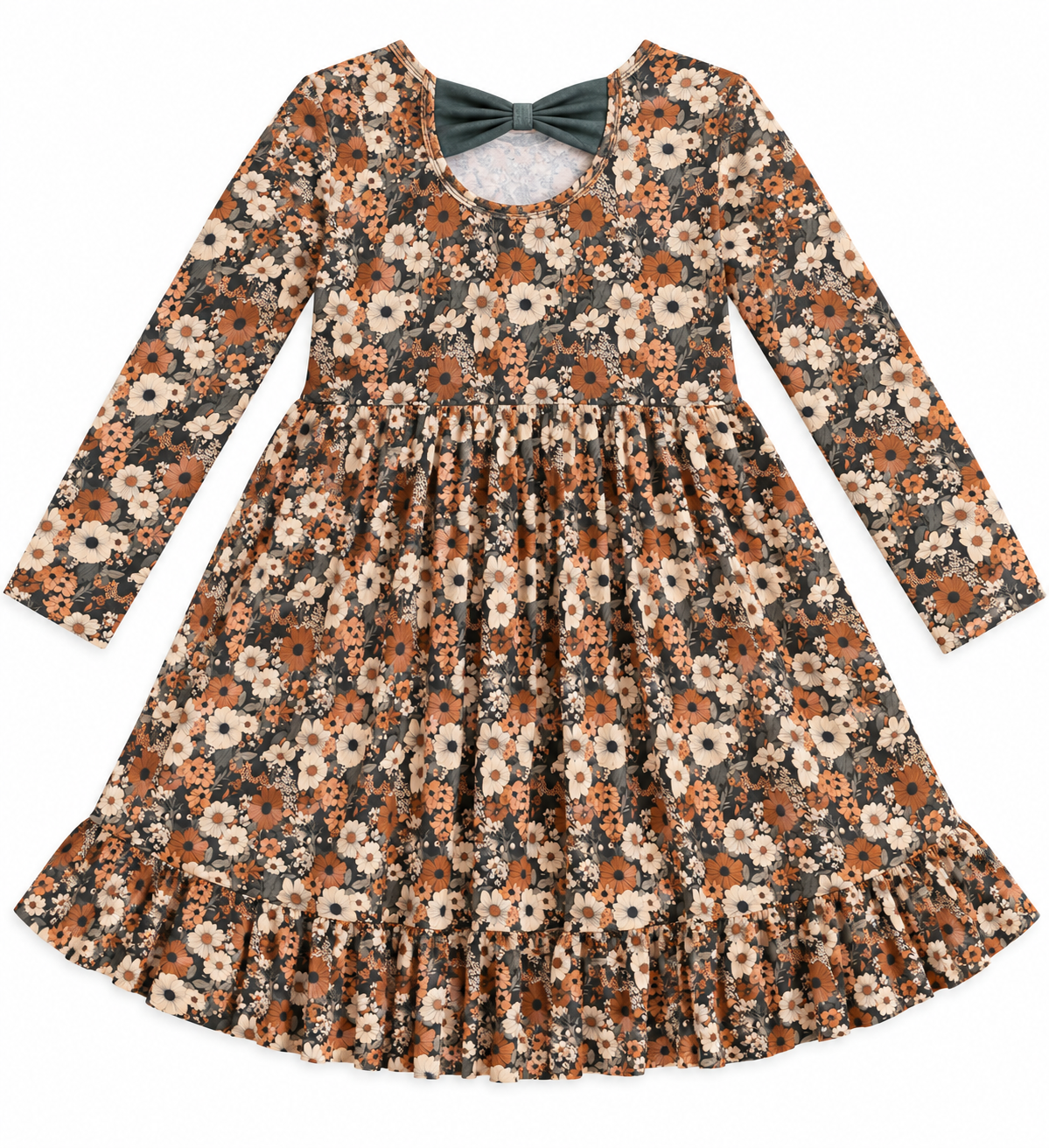 Bamboo L/S Ruffled Twirl Dress w/Bow Back - Green & Burnt Orange, Rustic Blooms