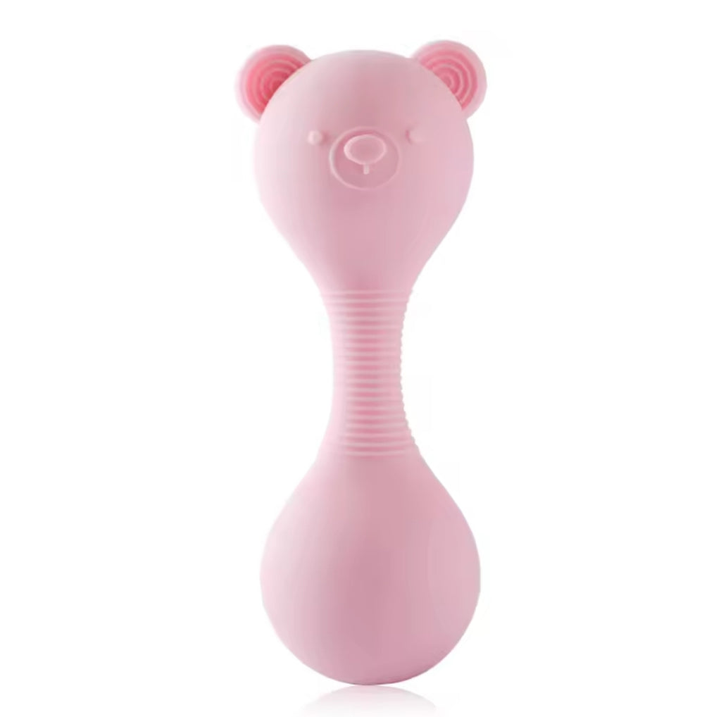 Silicone Bear Dumbbell Rattle and Teether Toy - Baby Pink