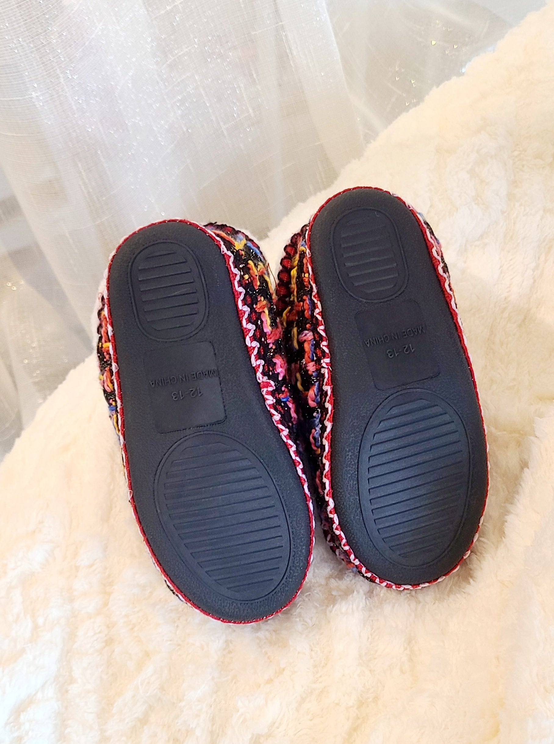 UNISEX Kids Winter Knit Sherpa Fleece Lined Moccasin Booties, Indoor/Outdoor Slippers, Dark Red & Colorful