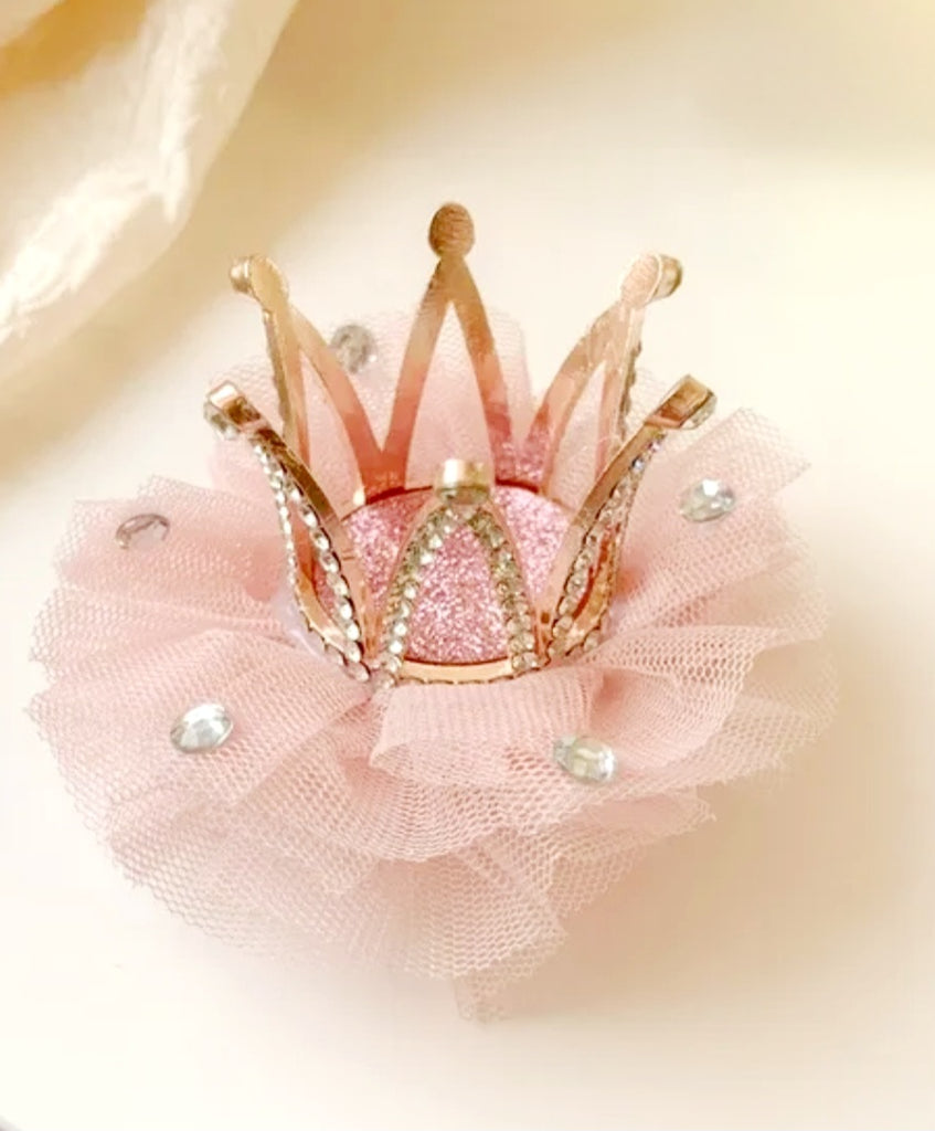 Crystal Crown Tulle Tiara NonSlip Hair Clip - Rose Gold/Dusty Pink