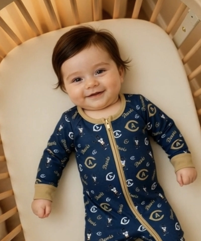 UC Davis and Gunrock UNISEX Bamboo L/S Zippered Convertible Romper - Blue/Gold
