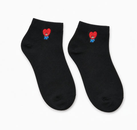 BT21 Knit Ankle Cotton Socks - Embroidered Tata Black