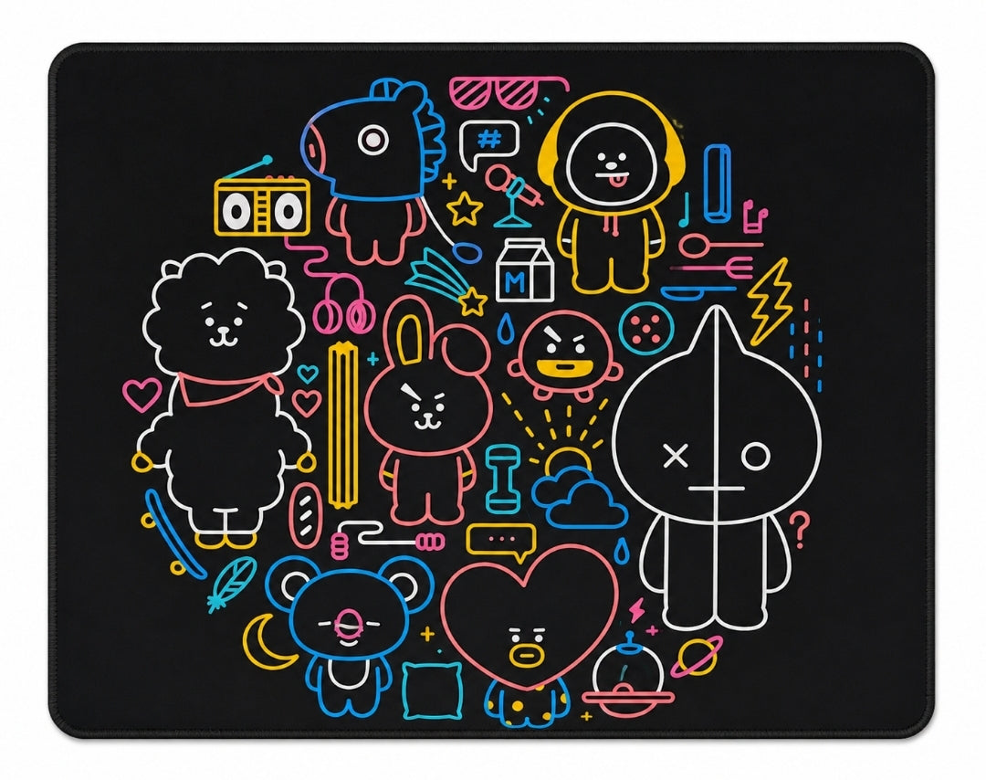 BT21 Mouse Pad - The Entire Crew Neon, Black (Large 12"x10")