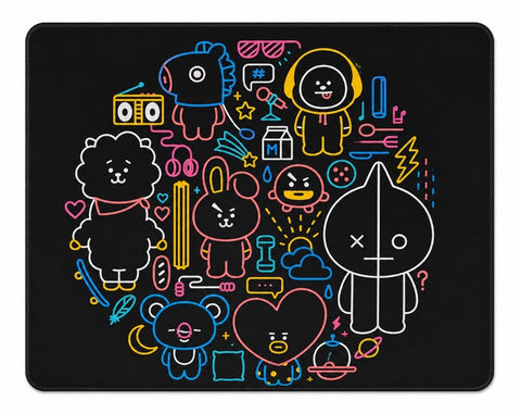 BT21 Mouse Pad - The Entire Crew Neon, Black (Large 12"x10")