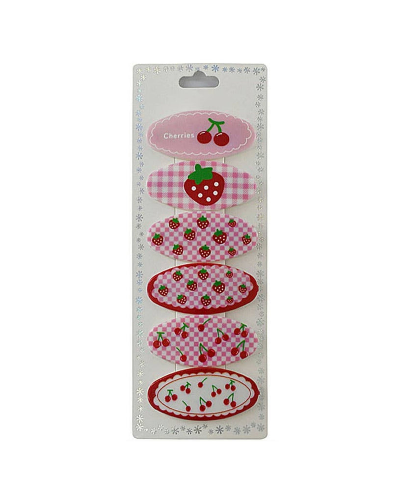 Strawberries and Cherries Set of Snap Clip Hair Clips, 6 PC Set, Pink/Red/White