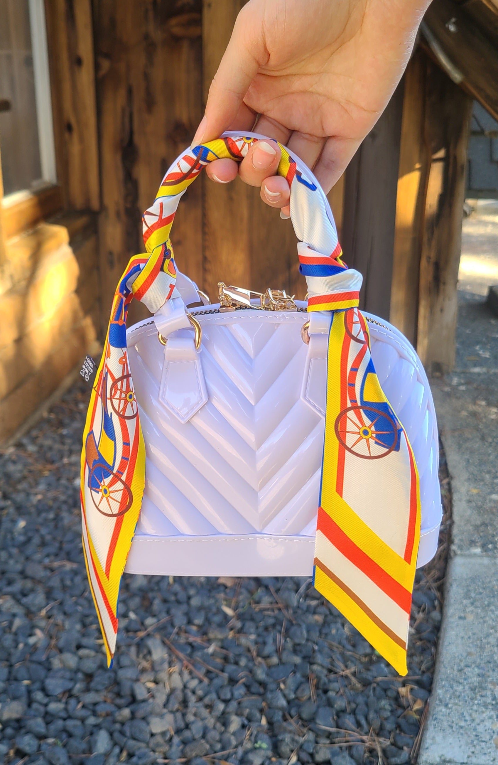 Mini Jelly Chevron Tote Hand Bag with Lux Bag Scarf, Red/Yellow/Blue: Crisp White, Vintage Equestrian