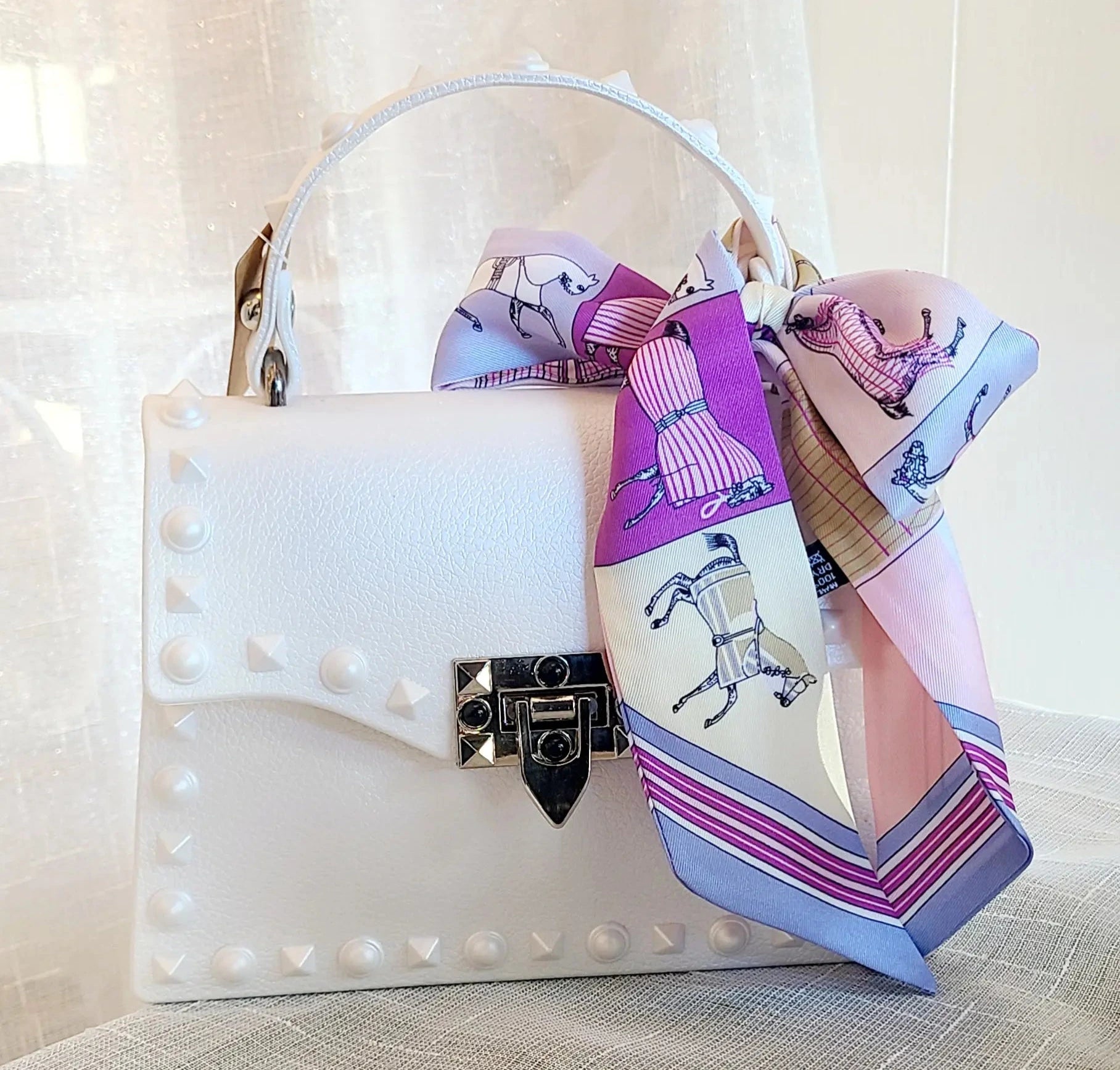 Studded Poly Handbag/Crossbody Purse - Monotone Pearl White w/Vintage Equestrian Bag Scarf