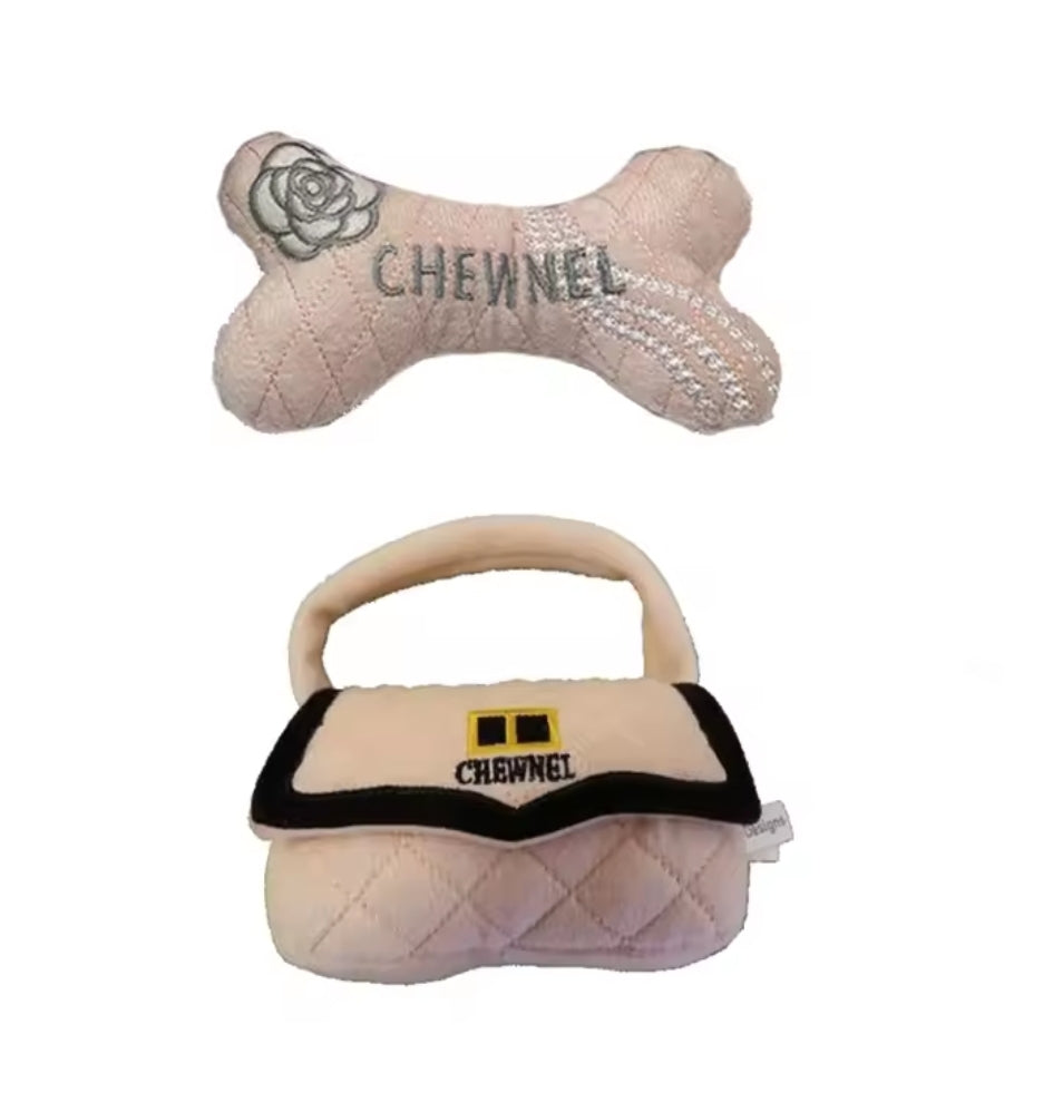 Dog Scrunchie Chew Toy - 2PC Doggie Designer, Chewnel Purse and Bone, Quilted Pink