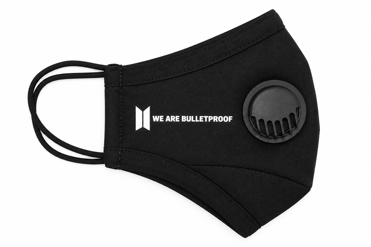 BTS Face Mask w/Vent, Washable, Reusable, Tween/Adult Size - We are Bulletproof Black