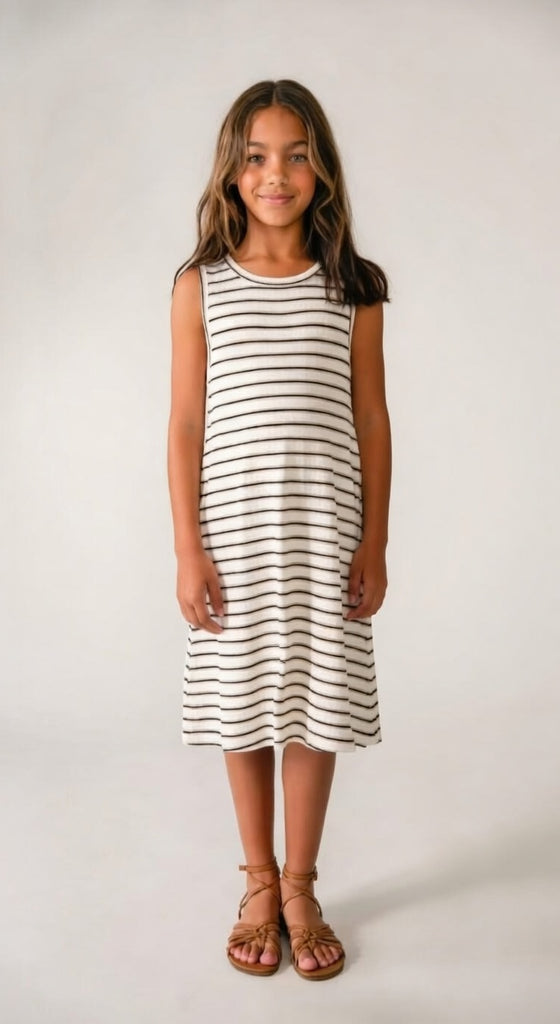 6914 Teen/Tween Girls Midi Striped Keyhole Back Dress - Natural-Black