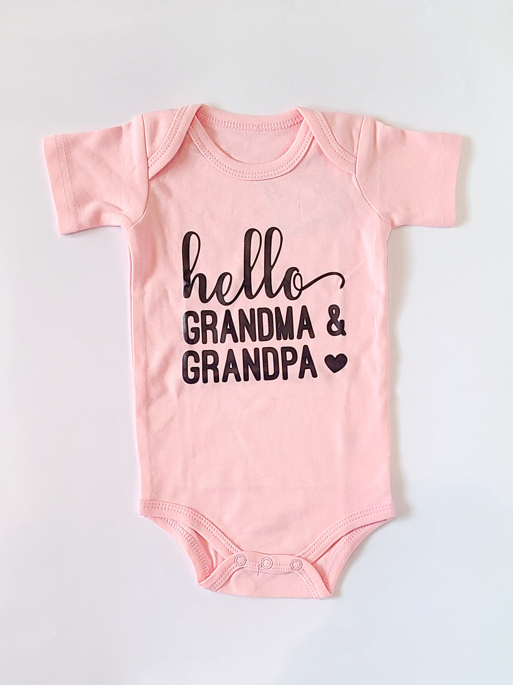 Hello Grandma and Grandpa baby bodysuit, pink, front view