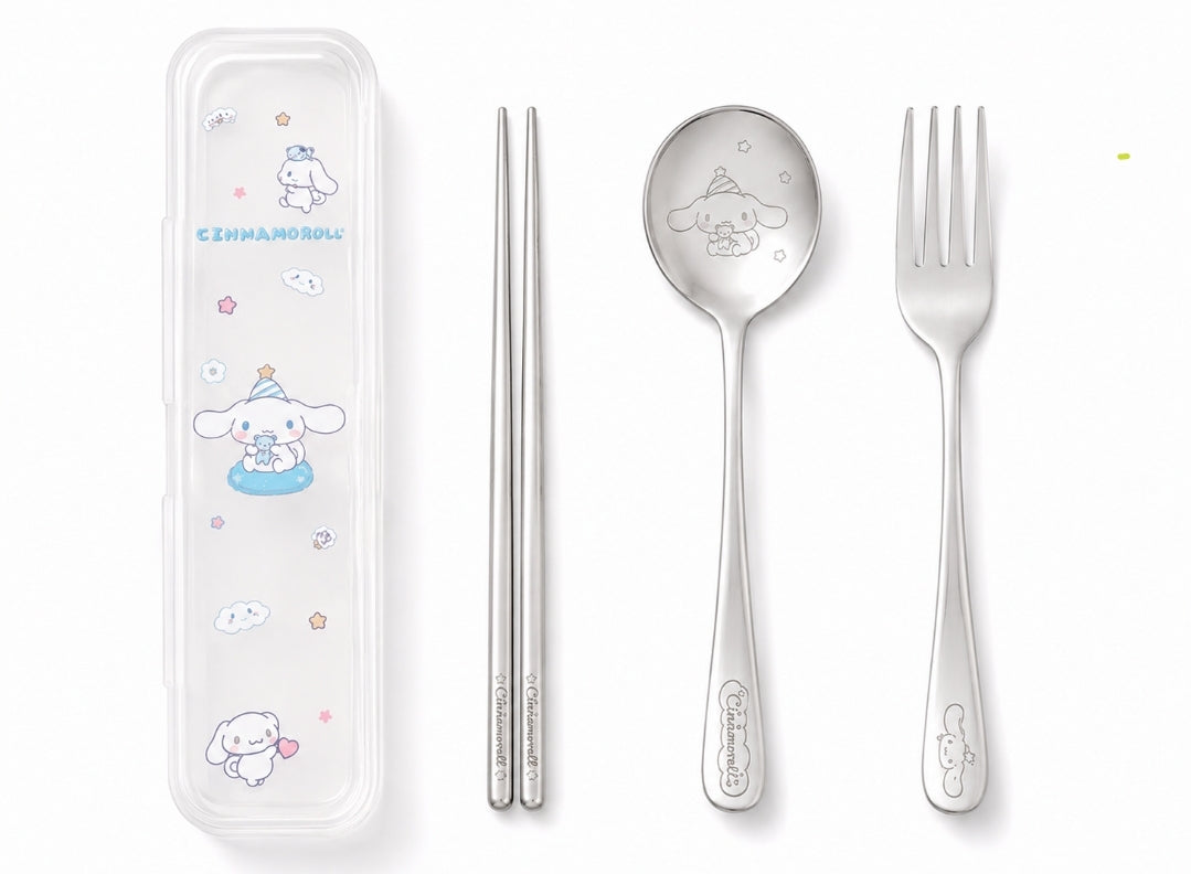 Sanrio Stainless Steel Utensils:  Chopsticks, Spoon, Fork w/Travel Case, Cinnamaroll