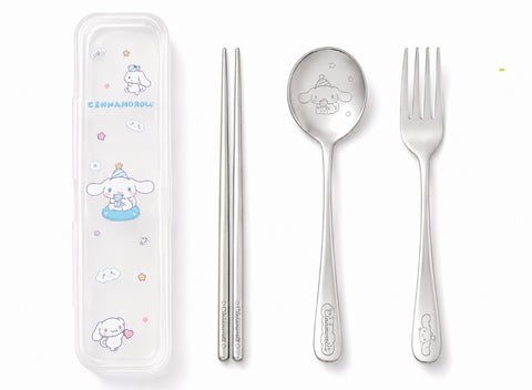 Sanrio Stainless Steel Utensils:  Chopsticks, Spoon, Fork w/Travel Case, Cinnamaroll