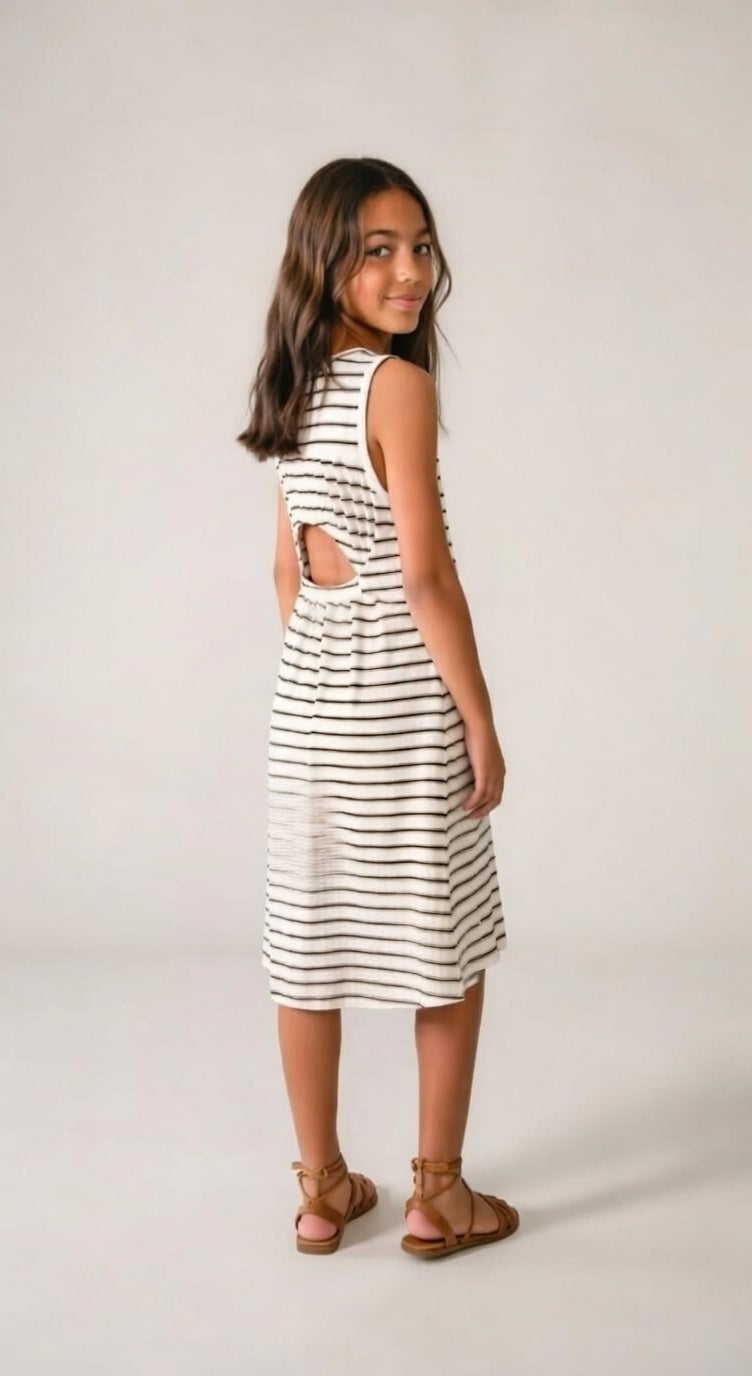 6914 Teen/Tween Girls Midi Striped Keyhole Back Dress - Natural-Black
