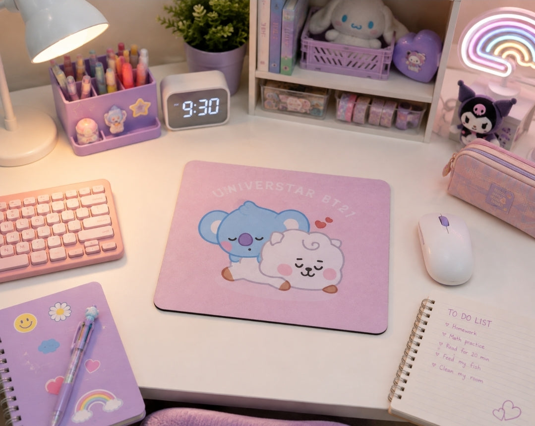 BT21 Mouse Pad - RJ and Koya, Light Pink (Medium, 9"w x 8"t)