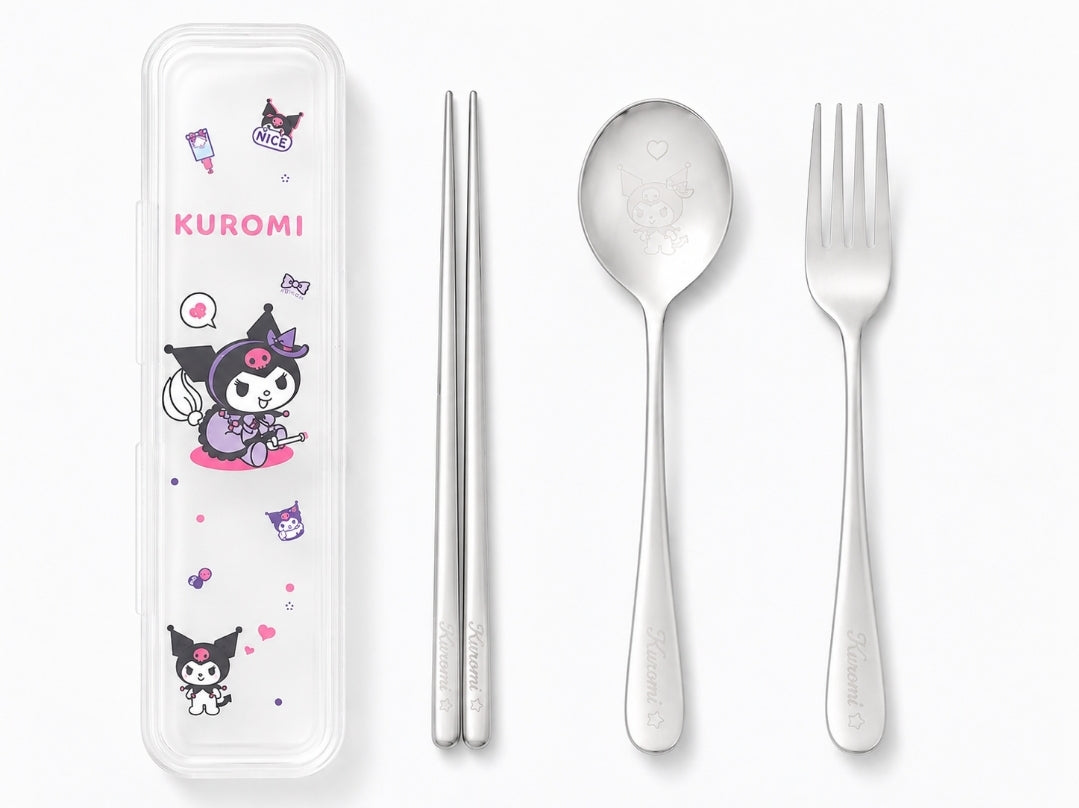 Sanrio Stainless Steel Utensils:  Chopsticks, Spoon, Fork w/Travel Case, Kuromi