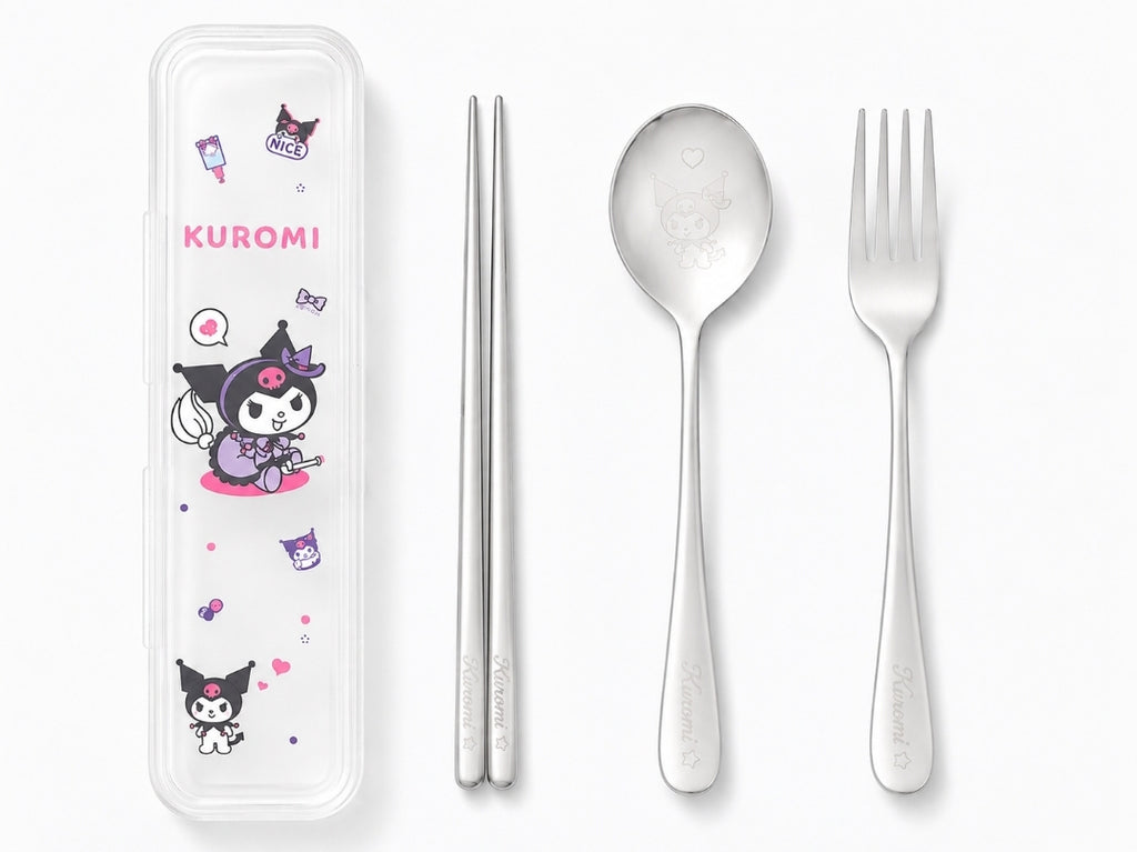 Sanrio Stainless Steel Utensils:  Chopsticks, Spoon, Fork w/Travel Case, Kuromi