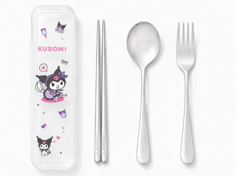 Sanrio Stainless Steel Utensils:  Chopsticks, Spoon, Fork w/Travel Case, Kuromi