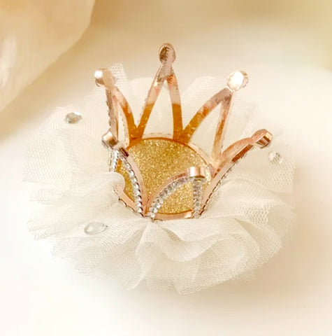 Crystal Crown Tulle Tiara NonSlip Hair Clip - Gold/Ivory