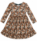 Bamboo L/S Ruffled Twirl Dress w/Bow Back - Green & Burnt Orange, Rustic Blooms