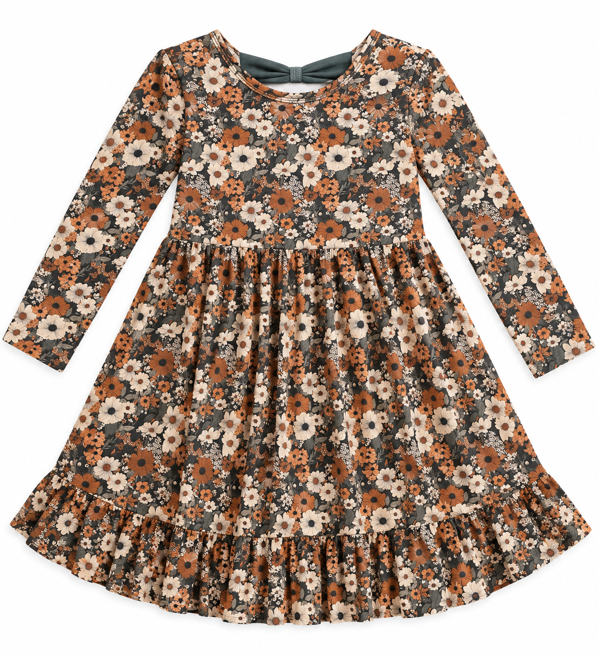 Bamboo L/S Ruffled Twirl Dress w/Bow Back - Green & Burnt Orange, Rustic Blooms