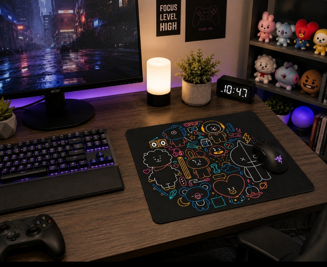BT21 Mouse Pad - The Entire Crew Neon, Black (Large 12"x10")