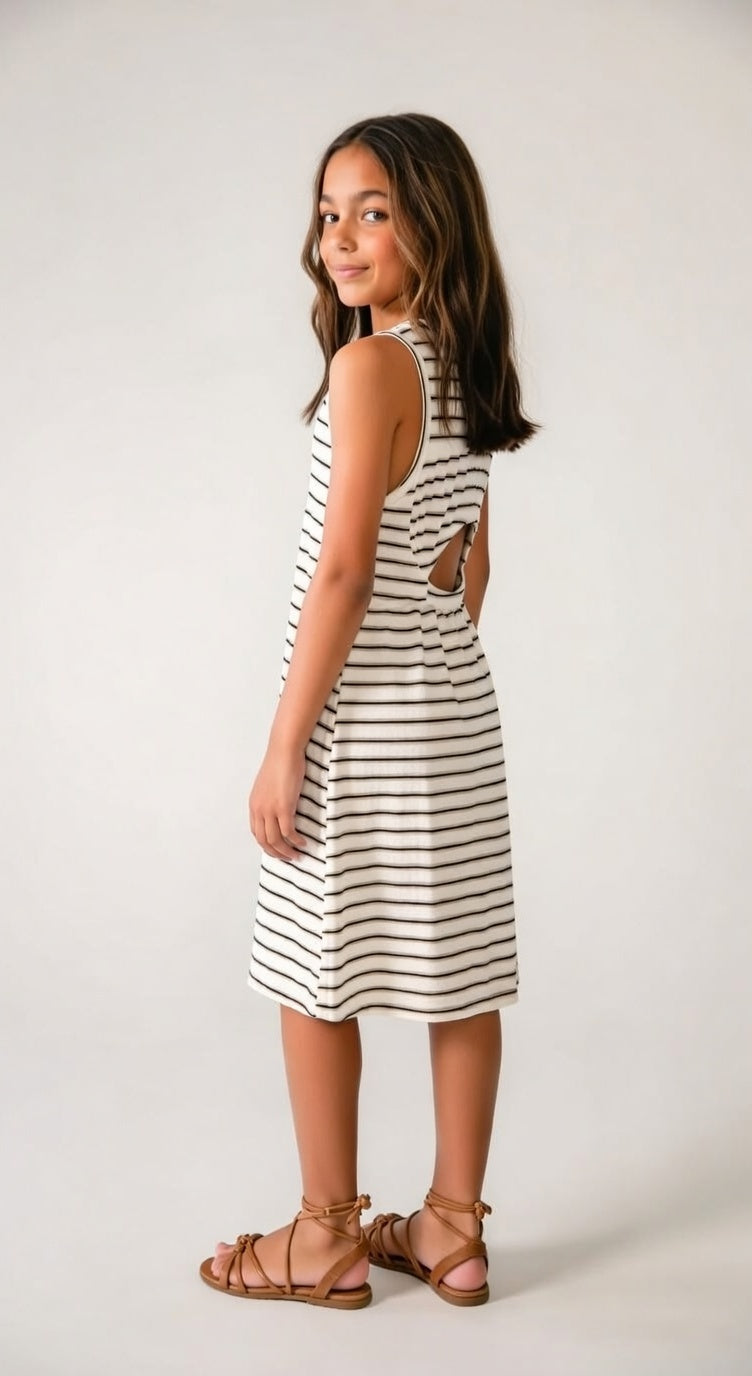 6914 Teen/Tween Girls Midi Striped Keyhole Back Dress - Natural-Black