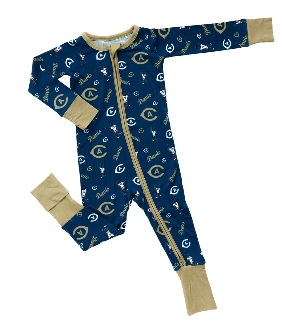 UC Davis and Gunrock UNISEX Bamboo L/S Zippered Convertible Romper - Blue/Gold
