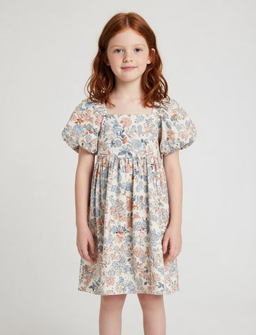 3928 Mini Girls Puff Sleeve Floral Print Dress - Salmon and Ocean Blue