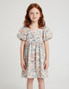 3928 Mini Girls Puff Sleeve Floral Print Dress - Salmon and Ocean Blue