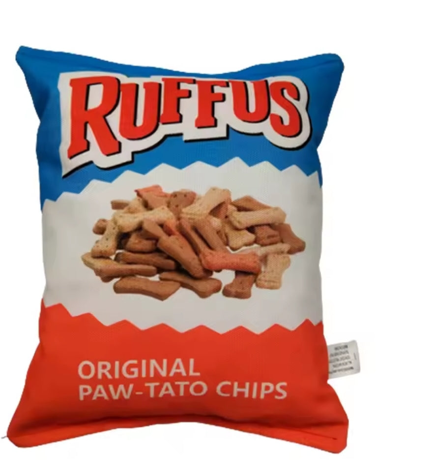 Ruffus chip bag dog chew toy with squeaker, front view