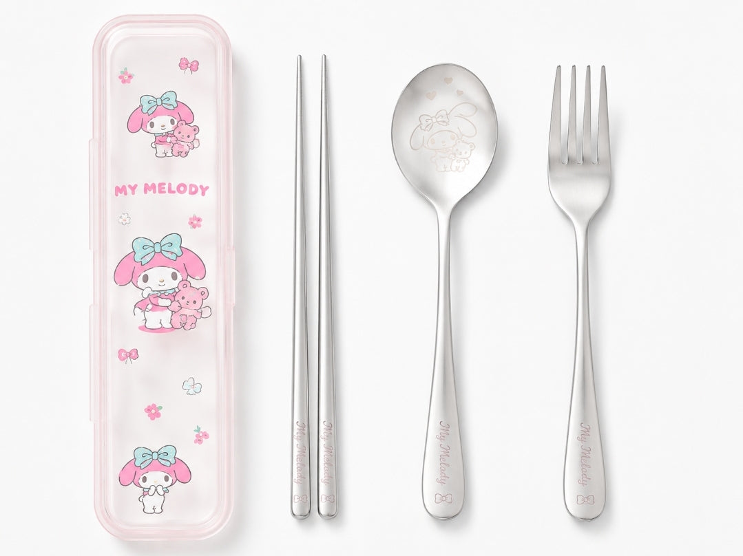 Sanrio Stainless Steel Utensils:  Chopsticks, Spoon, Fork w/Travel Case, My Melody