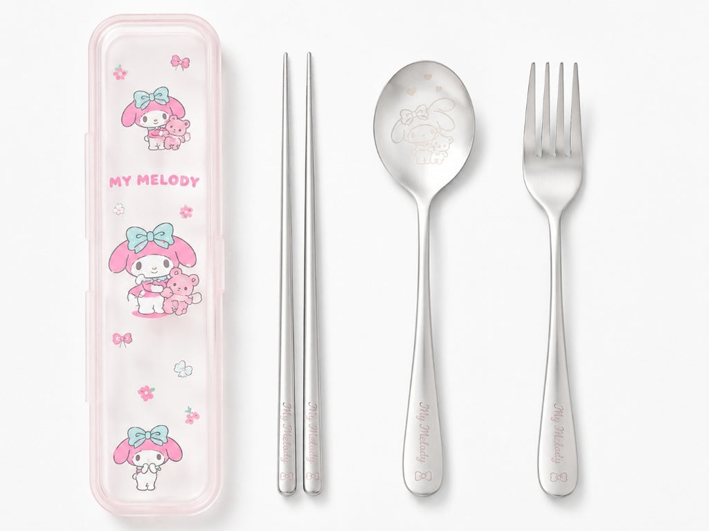 Sanrio Stainless Steel Utensils:  Chopsticks, Spoon, Fork w/Travel Case, My Melody