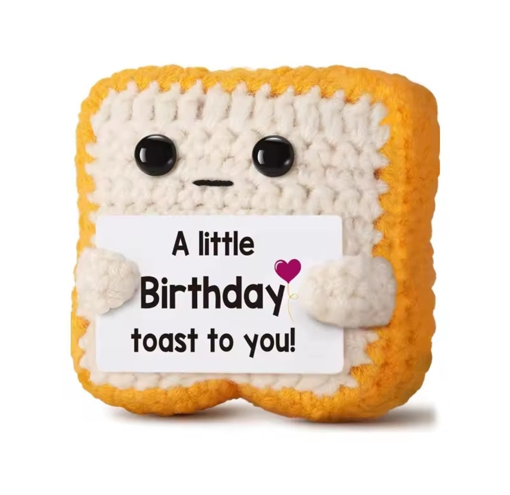 Handmade Crochet Tiny Positive Plushies - 2.5" x 2.5" Birthday Toast