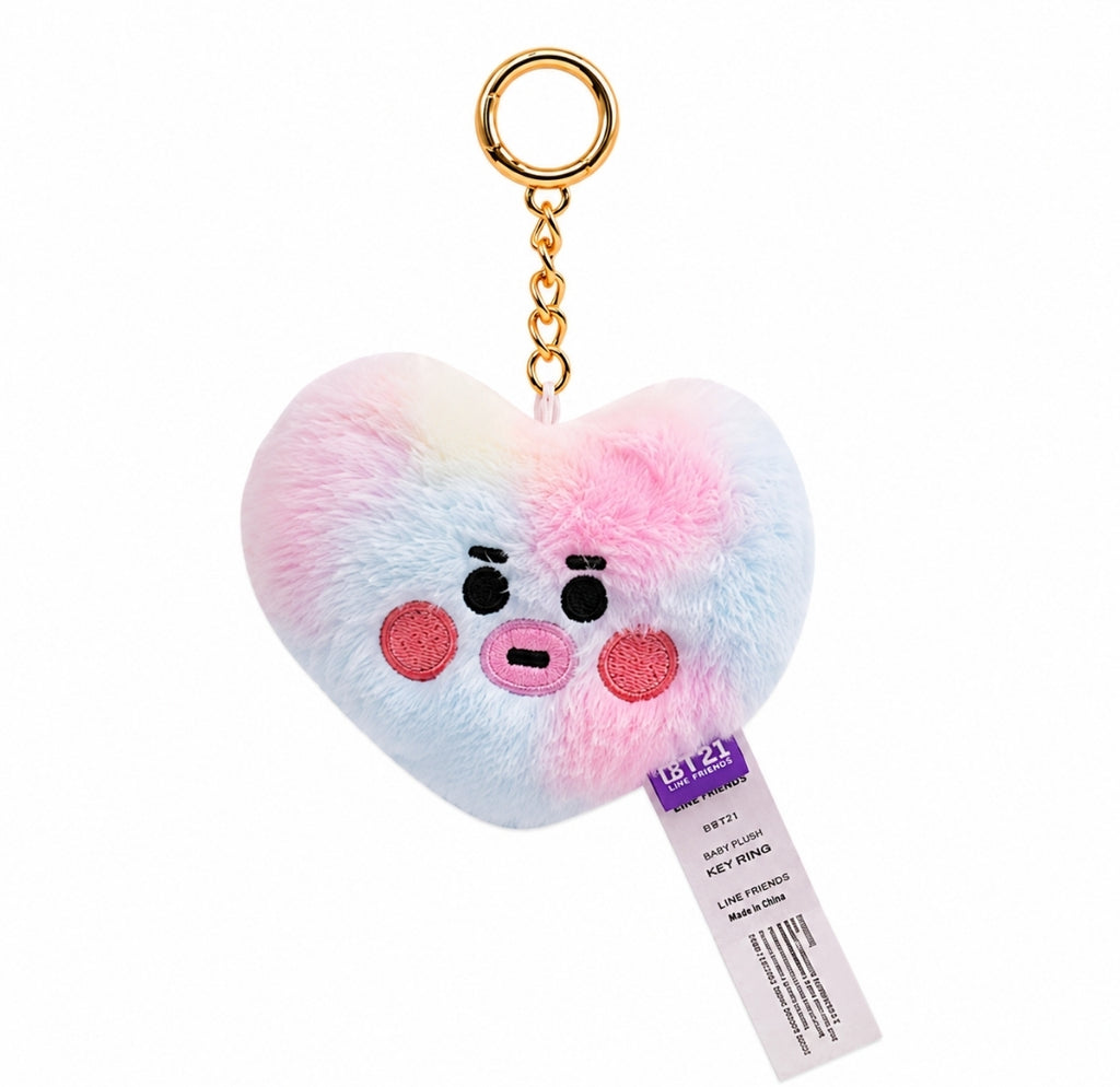 BT21 Rainbow Plush Faux Fur ~3" Backpack Bag Clip Charm, Baby Tata Heart