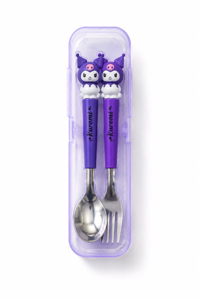 Sanrio Stainless Steel Utensils:  Spoon and Fork w/Travel Case, Kuromi