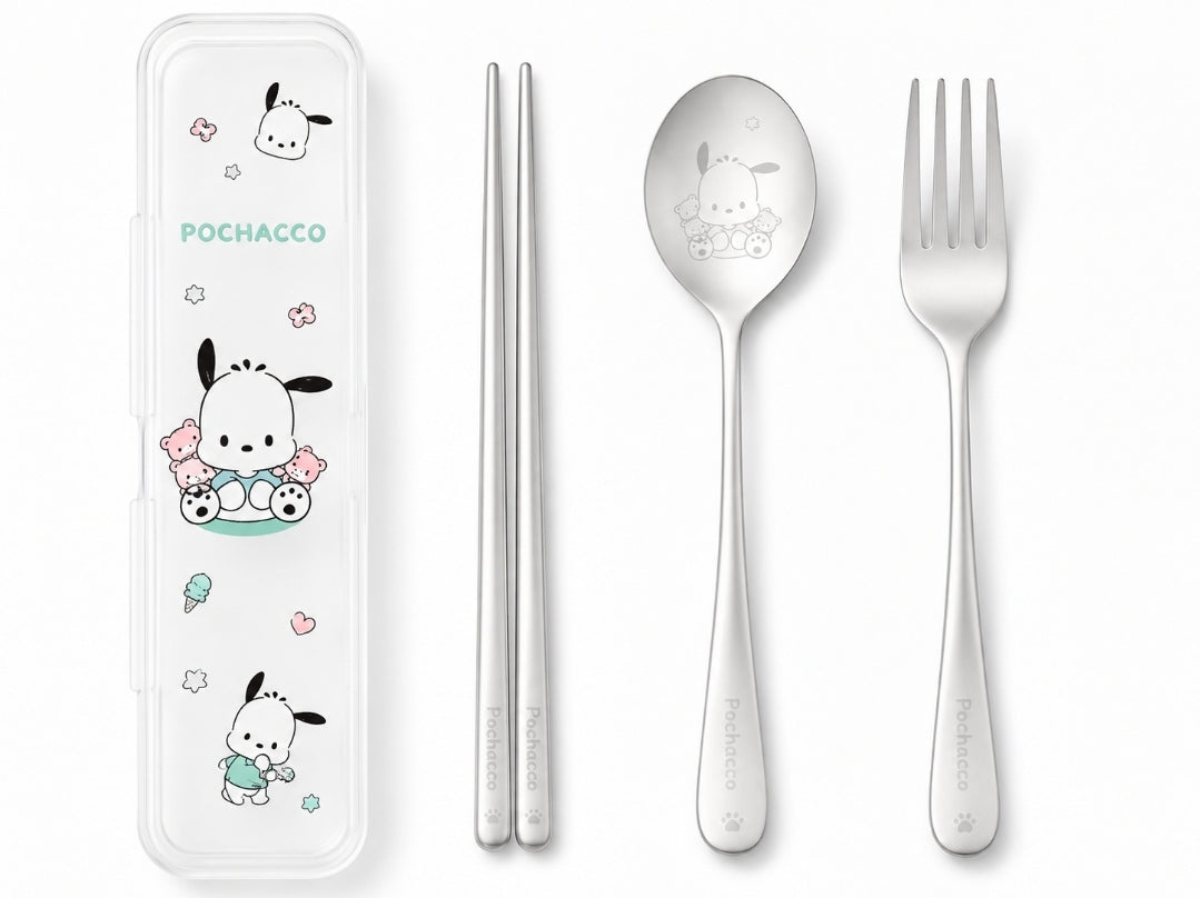 Sanrio Stainless Steel Utensils:  Chopsticks, Spoon, Fork w/Travel Case, Pochacco