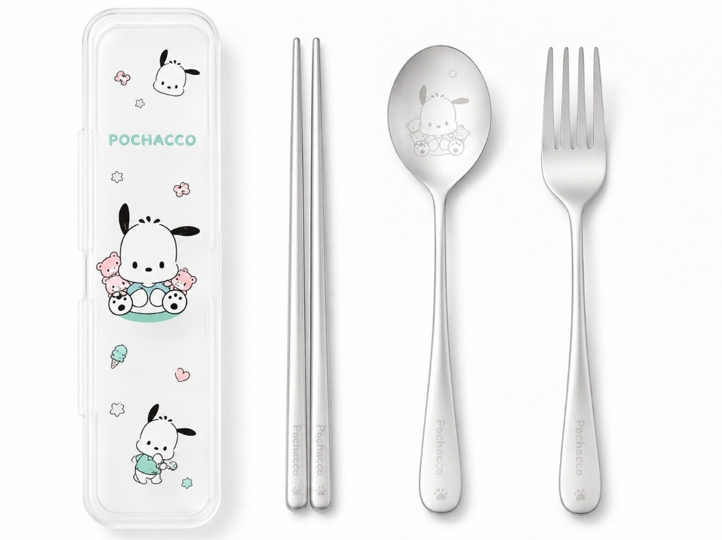 Sanrio Stainless Steel Utensils:  Chopsticks, Spoon, Fork w/Travel Case, Pochacco
