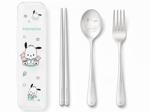 Sanrio Stainless Steel Utensils:  Chopsticks, Spoon, Fork w/Travel Case, Pochacco