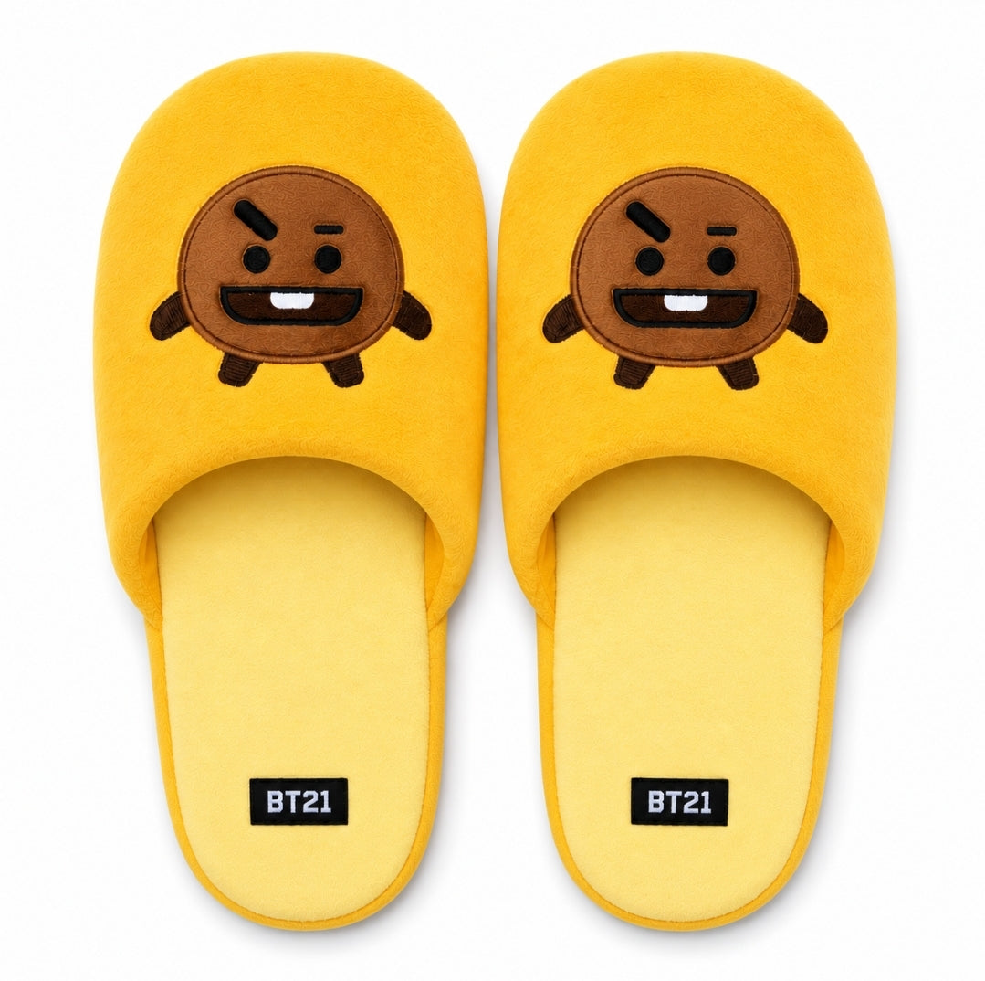 BT21 Plush Indoor House Slippers, Closed Toed - Brown/Yellow Shooky
