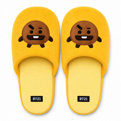 BT21 Plush Indoor House Slippers, Closed Toed - Brown/Yellow Shooky