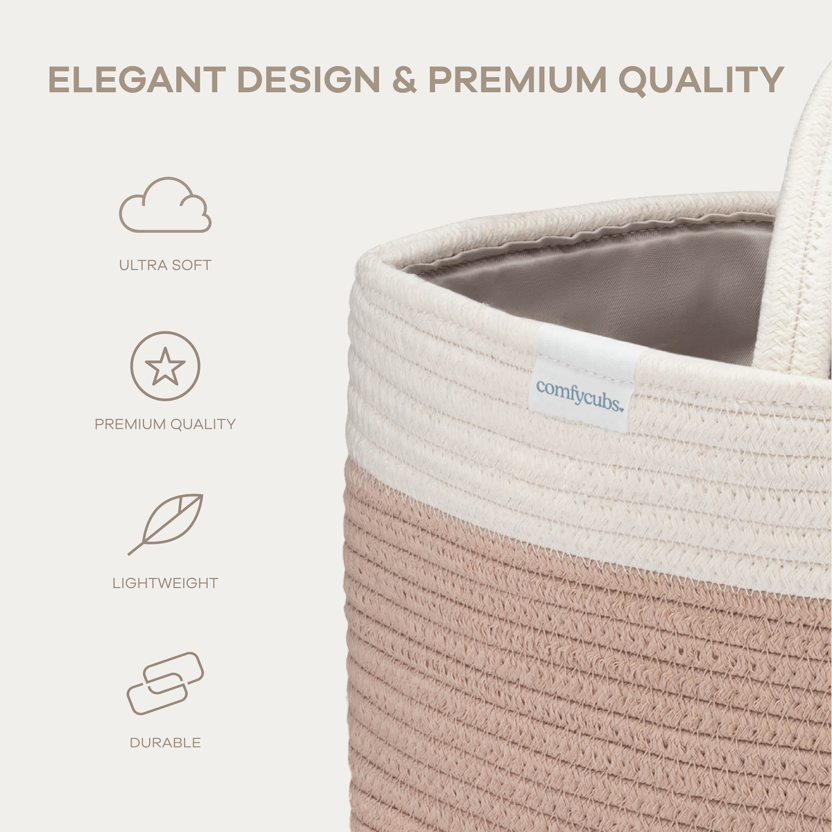 Roped diaper caddy in blush pink and white, detail 3