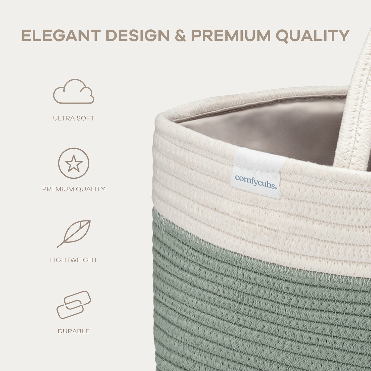 Roped diaper caddy in sage green and white, detail 3