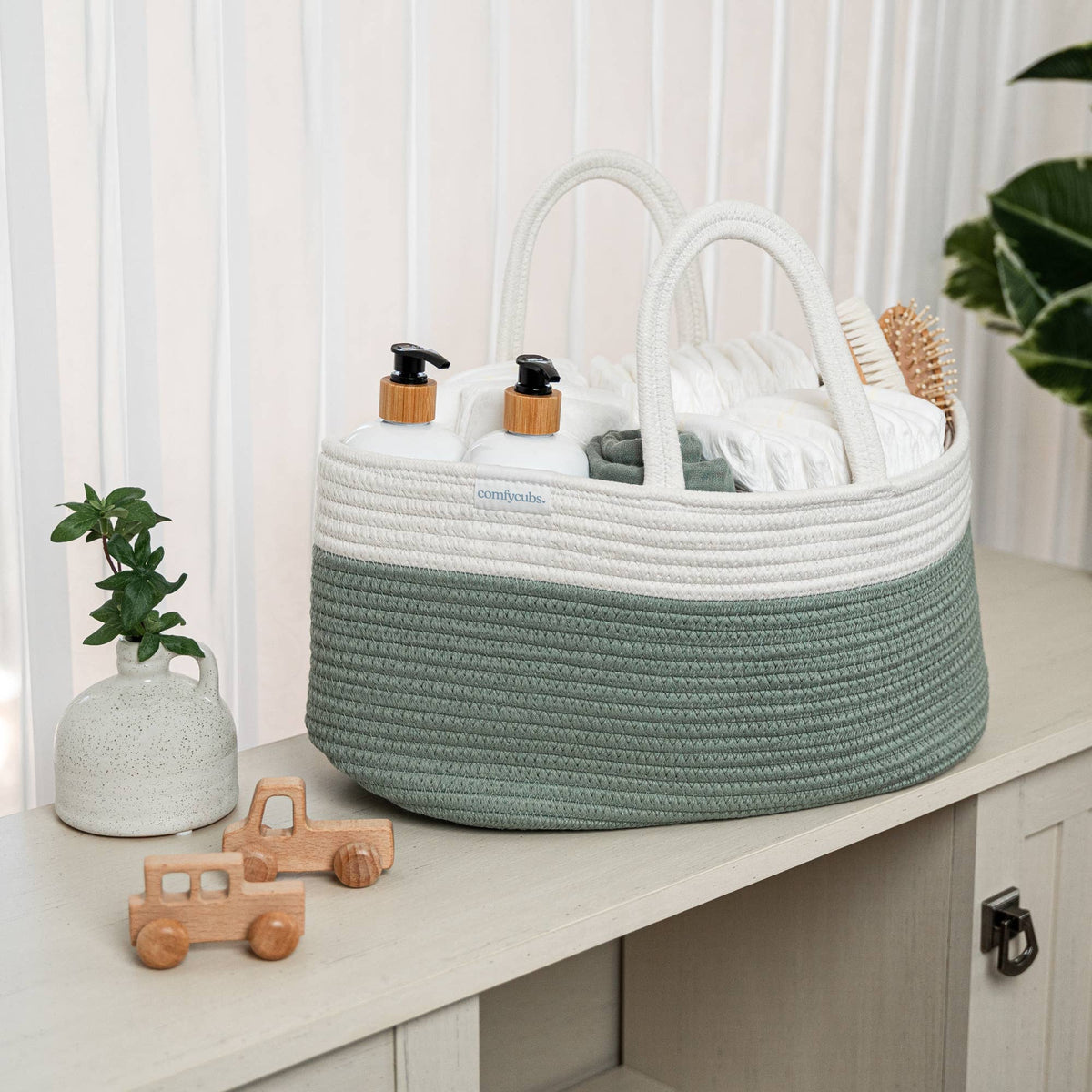 Roped diaper caddy in sage green and white, detail 4