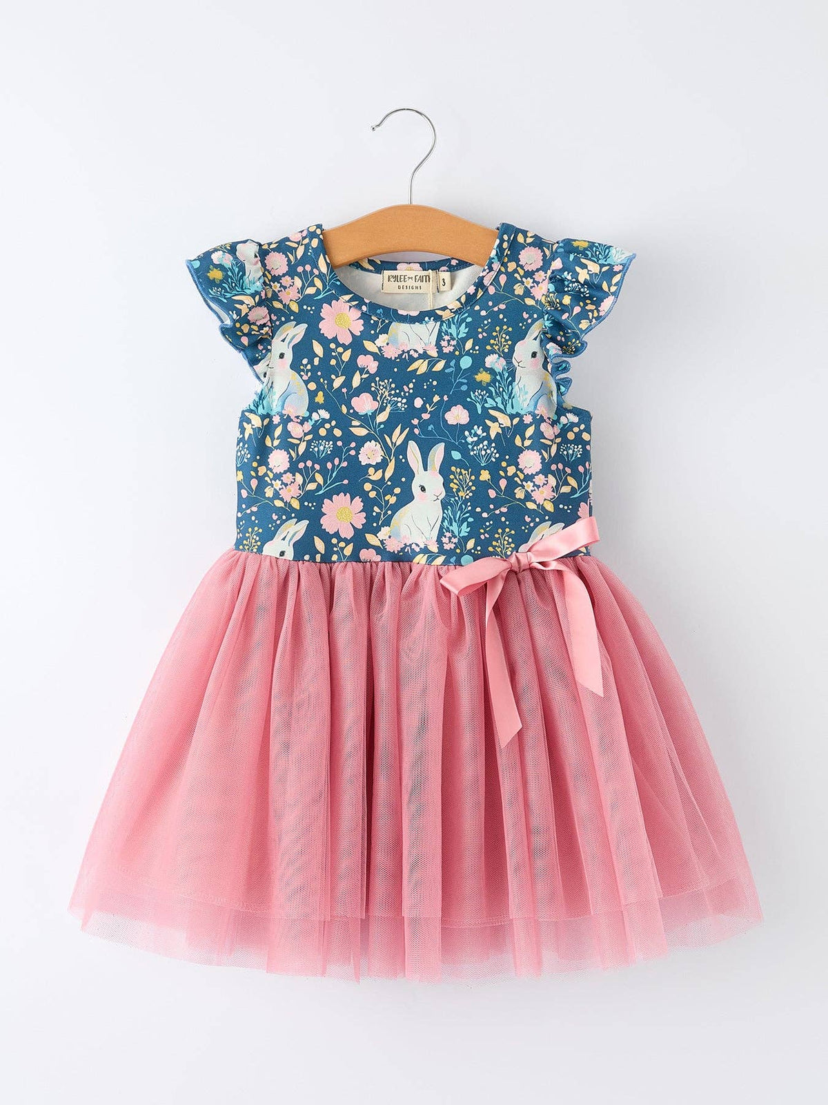 Girls bunny garden print tulle twirl dress in teal and pink, front view