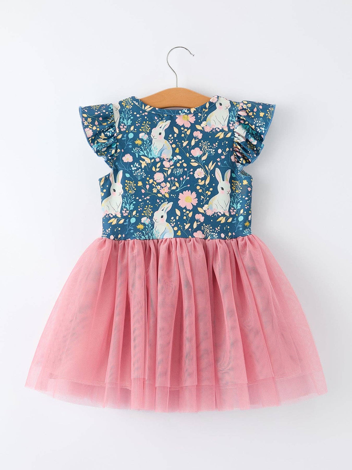 Girls bunny garden print tulle twirl dress in teal and pink, front view on a hanger
