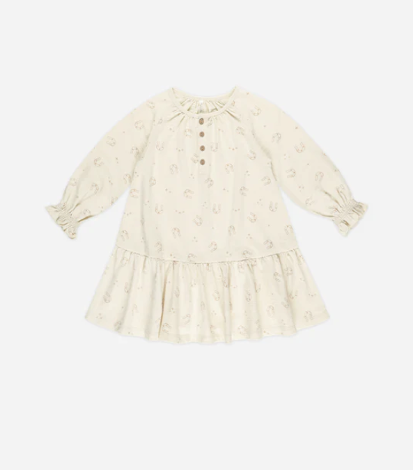 Rylee + Cru girls swing dress, horseshoes natural, front view
