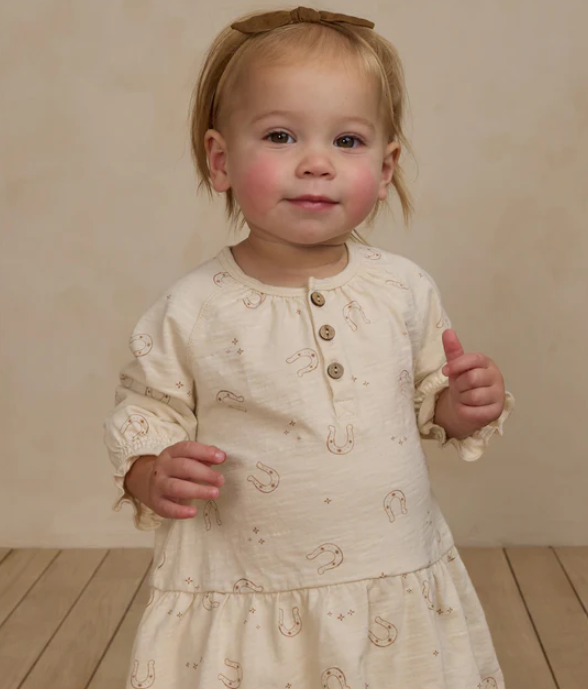 Rylee + Cru girls swing dress, horseshoes natural, worn by toddler close