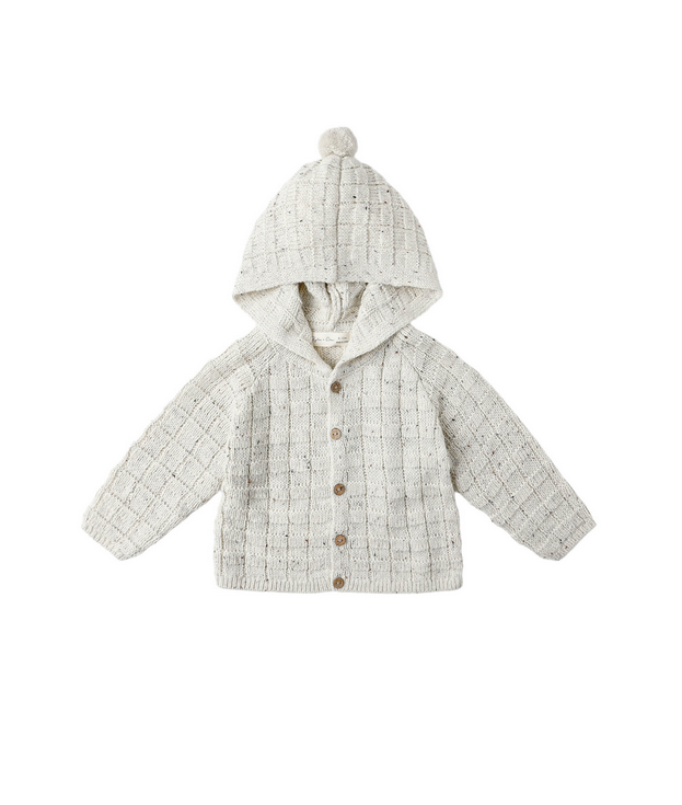 Rylee + Cru knit hooded cardigan with pom pom hood, oatmeal speckle, front view
