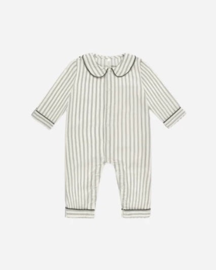 Rylee + Cru UNISEX L/S Baby Romper Pajama - Forest Pinstripe